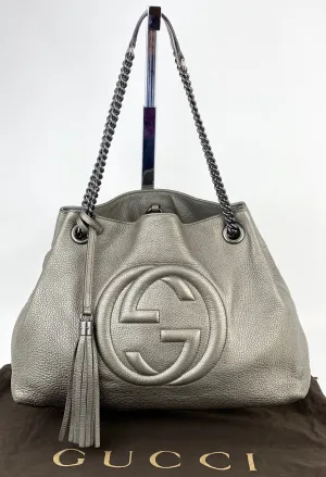 Gucci Metallic Pewter Pebbled Soho Medium Chain Tote Shoulder Hobo bag