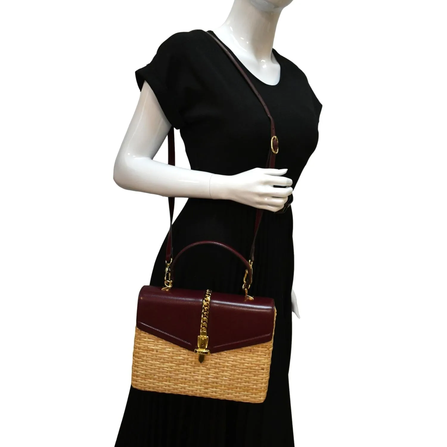 GUCCI Sylvie Wicker Leather Shoulder Bag Beige