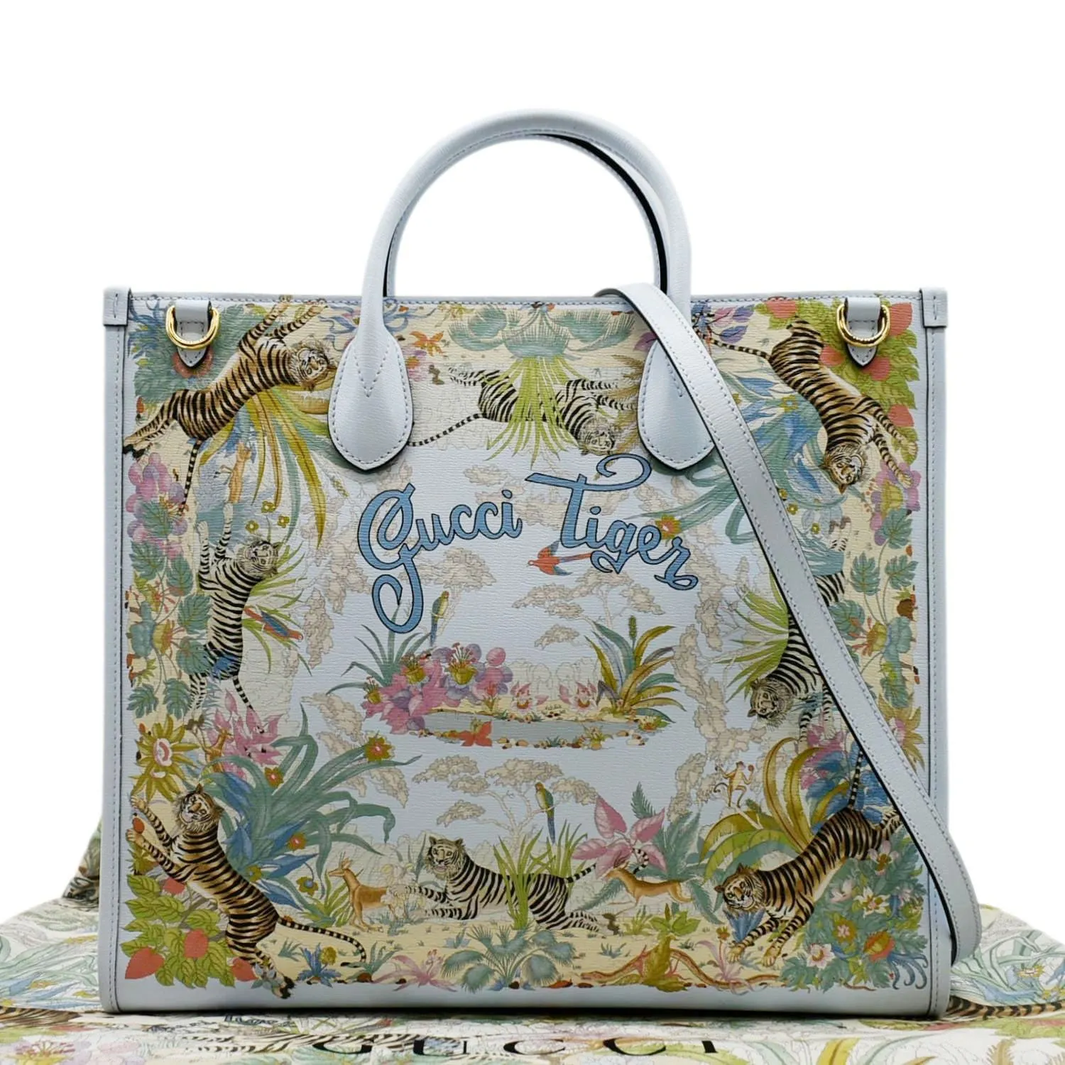 GUCCI Tiger Medium Leather Tote Shoulder Bag Light Blue 687827