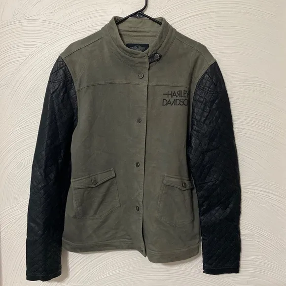 Harley Davidson leather sleeve cotton jacket 2xl womens green black Coat Button