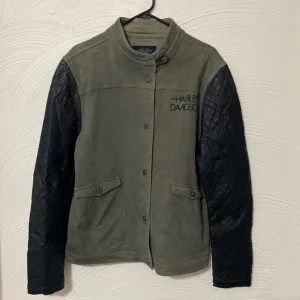 Harley Davidson leather sleeve cotton jacket 2xl womens green black Coat Button
