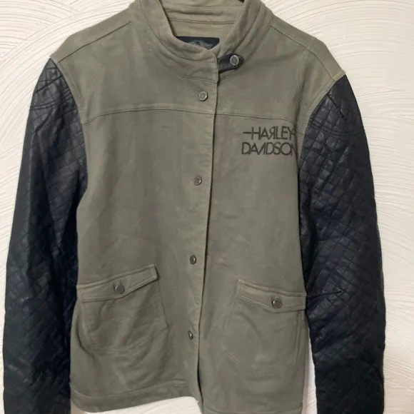 Harley Davidson leather sleeve cotton jacket 2xl womens green black Coat Button