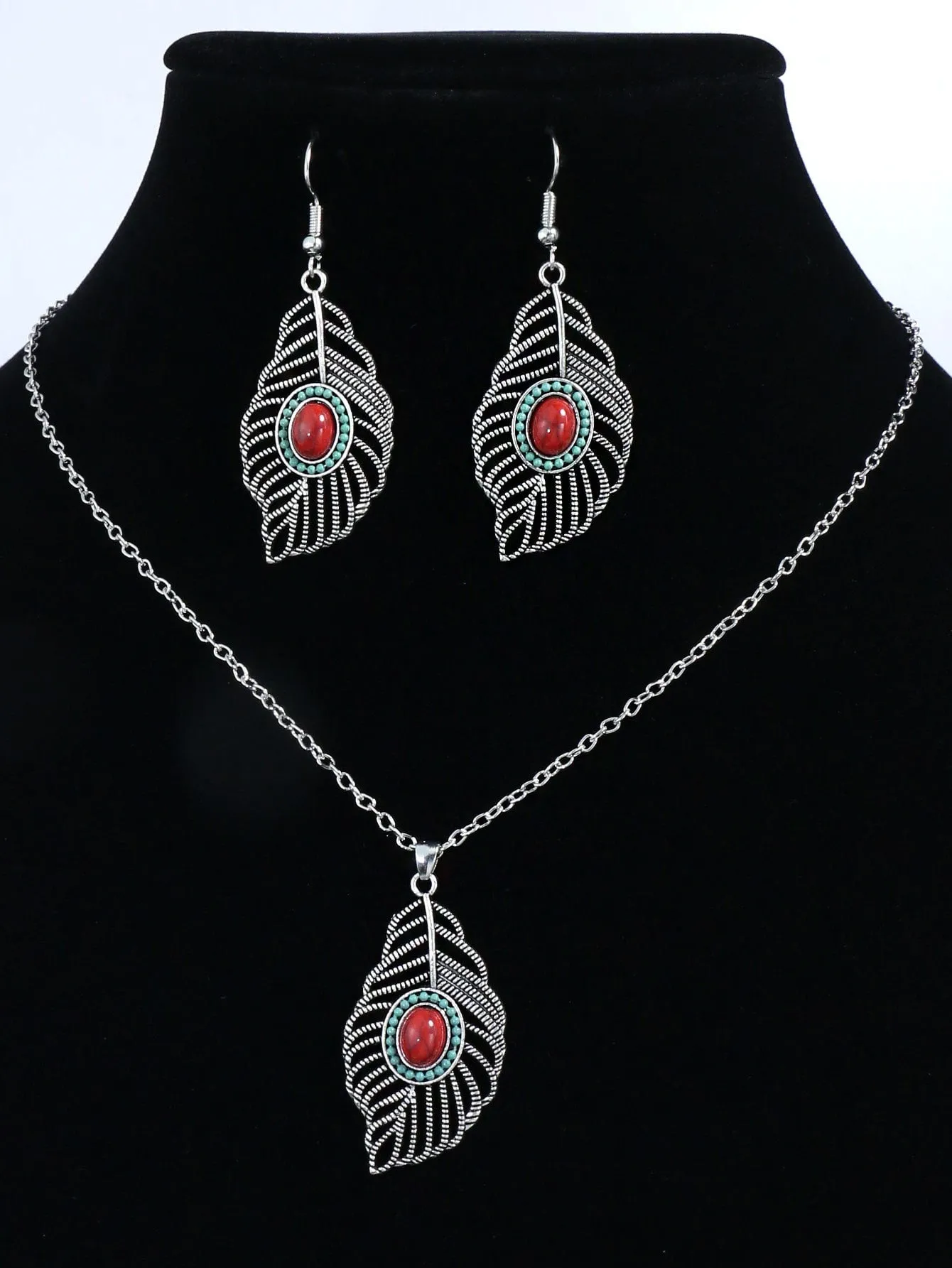 Leaf Charm Necklace & Drop Earrings Set - Multicolor - FD ⚡