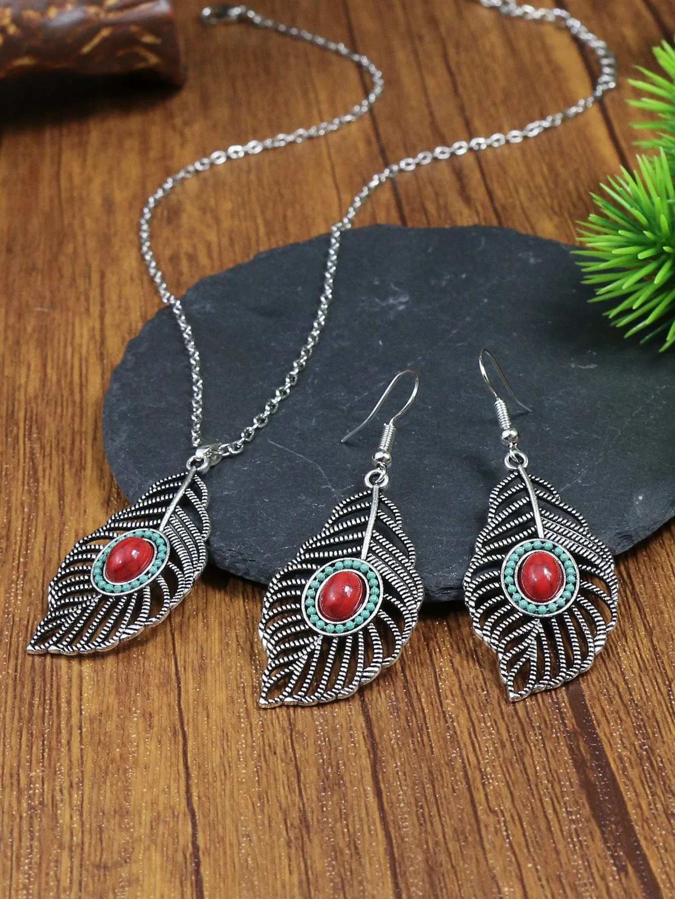 Leaf Charm Necklace & Drop Earrings Set - Multicolor - FD ⚡