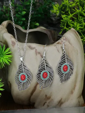 Leaf Charm Necklace & Drop Earrings Set - Multicolor - FD ⚡