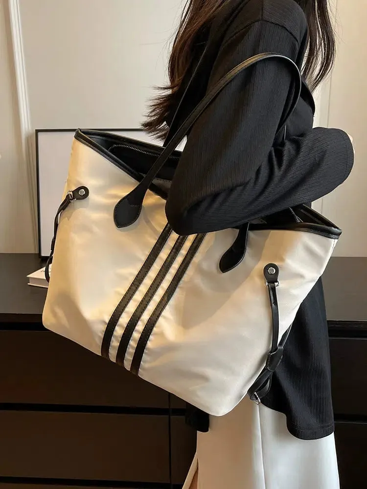 Leather Straps Striped Casual Tote Bag