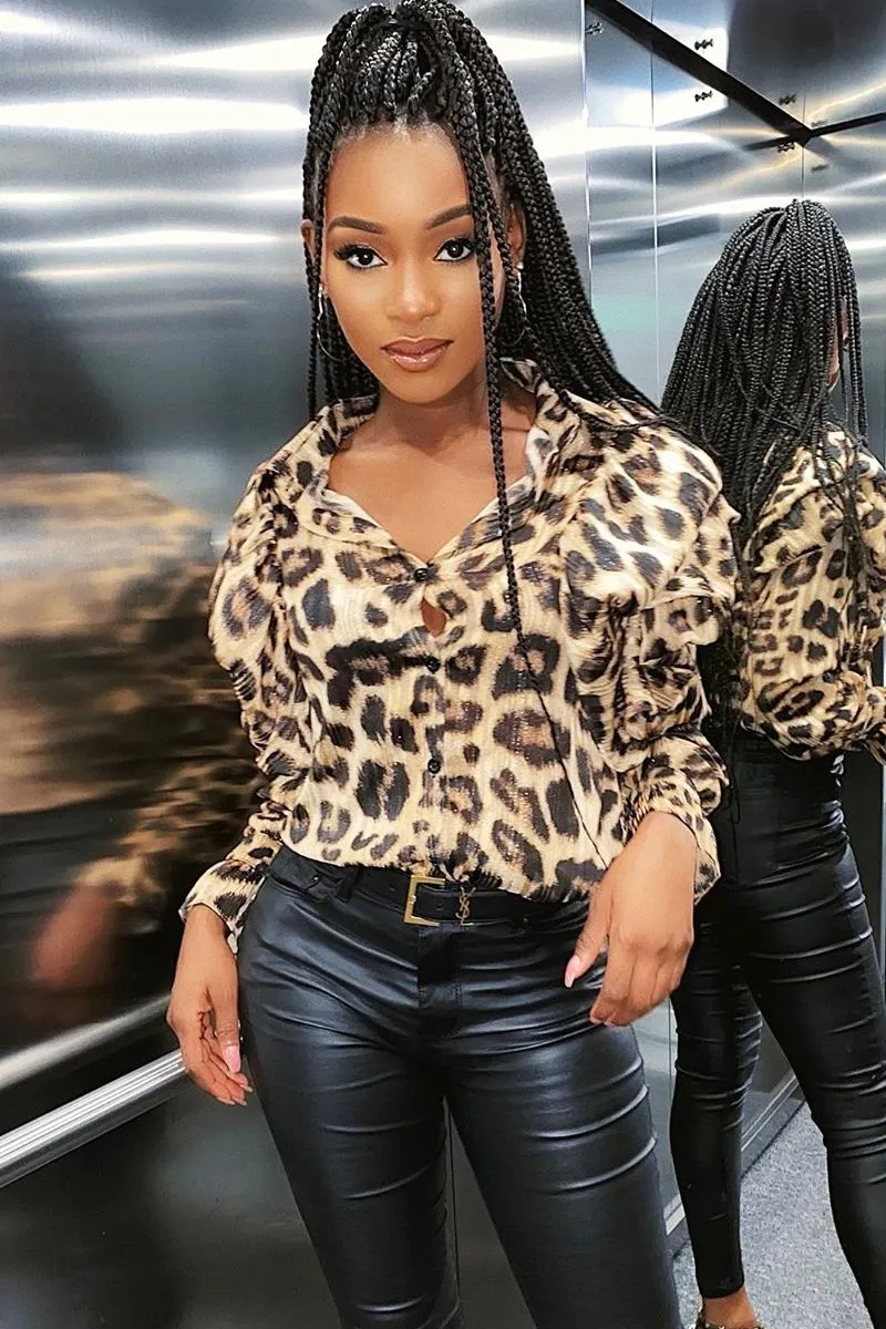 Leopard Sheer Ruffle Shoulder Shirt - Jacky