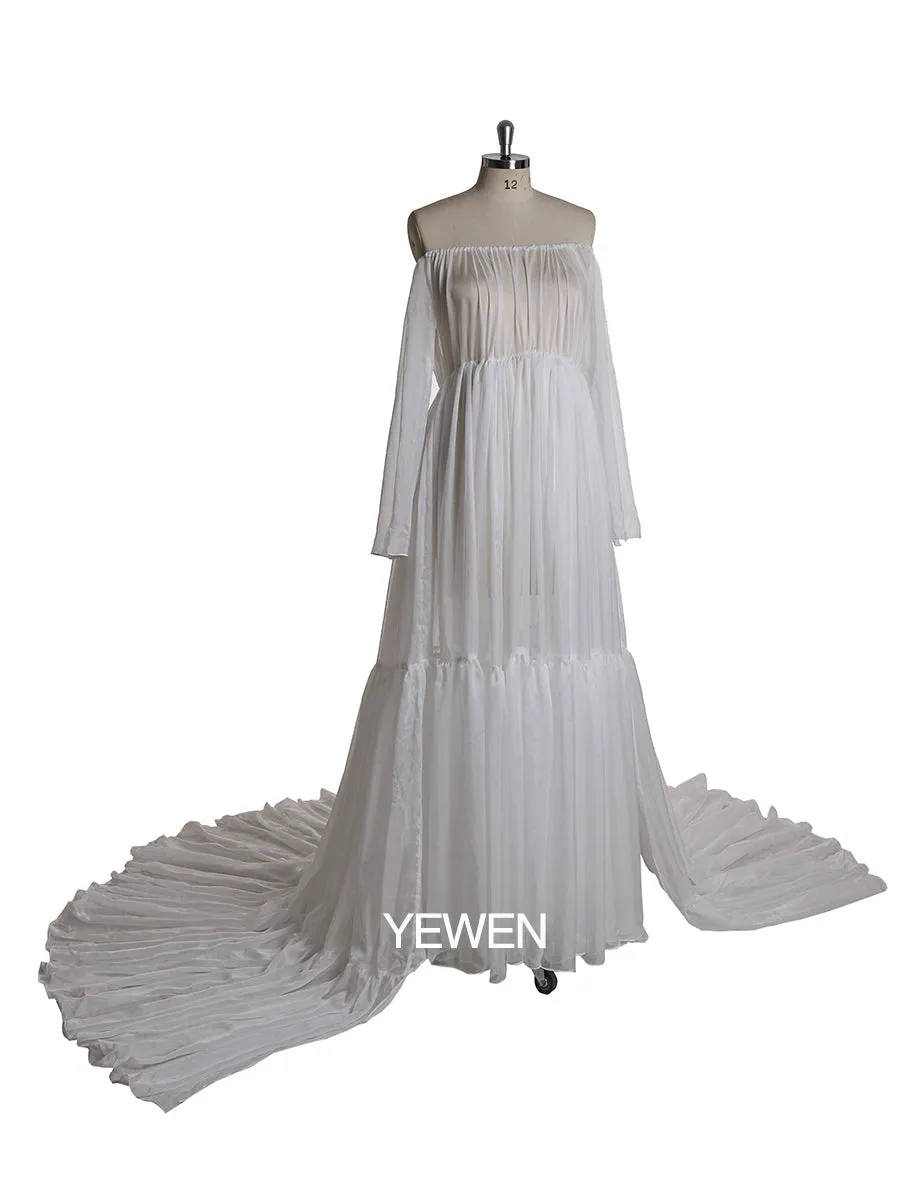 Long Sleeve Off Shoulder Casual Pleated Maternity Dress