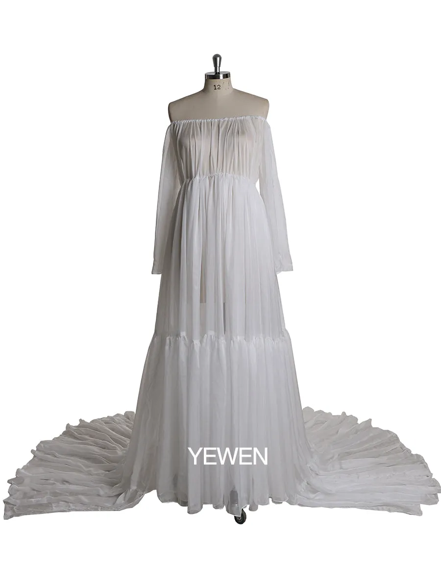 Long Sleeve Off Shoulder Casual Pleated Maternity Dress