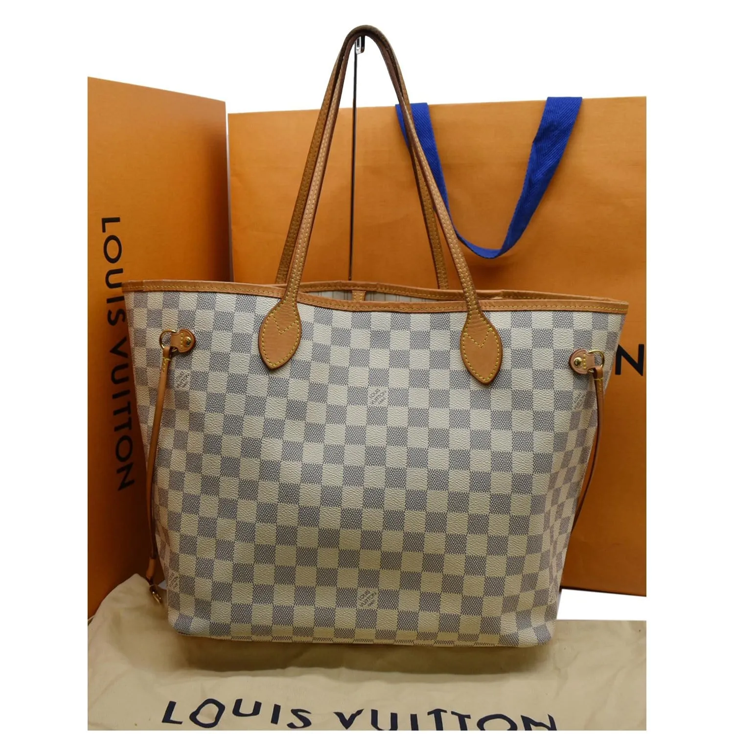 LOUIS VUITTON  Neverfull MM Damier Azur Tote Shoulder Bag White