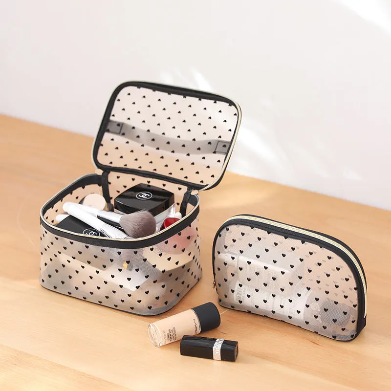 Love Heart Mesh Portable Buggy Transparent Cosmetic Bags