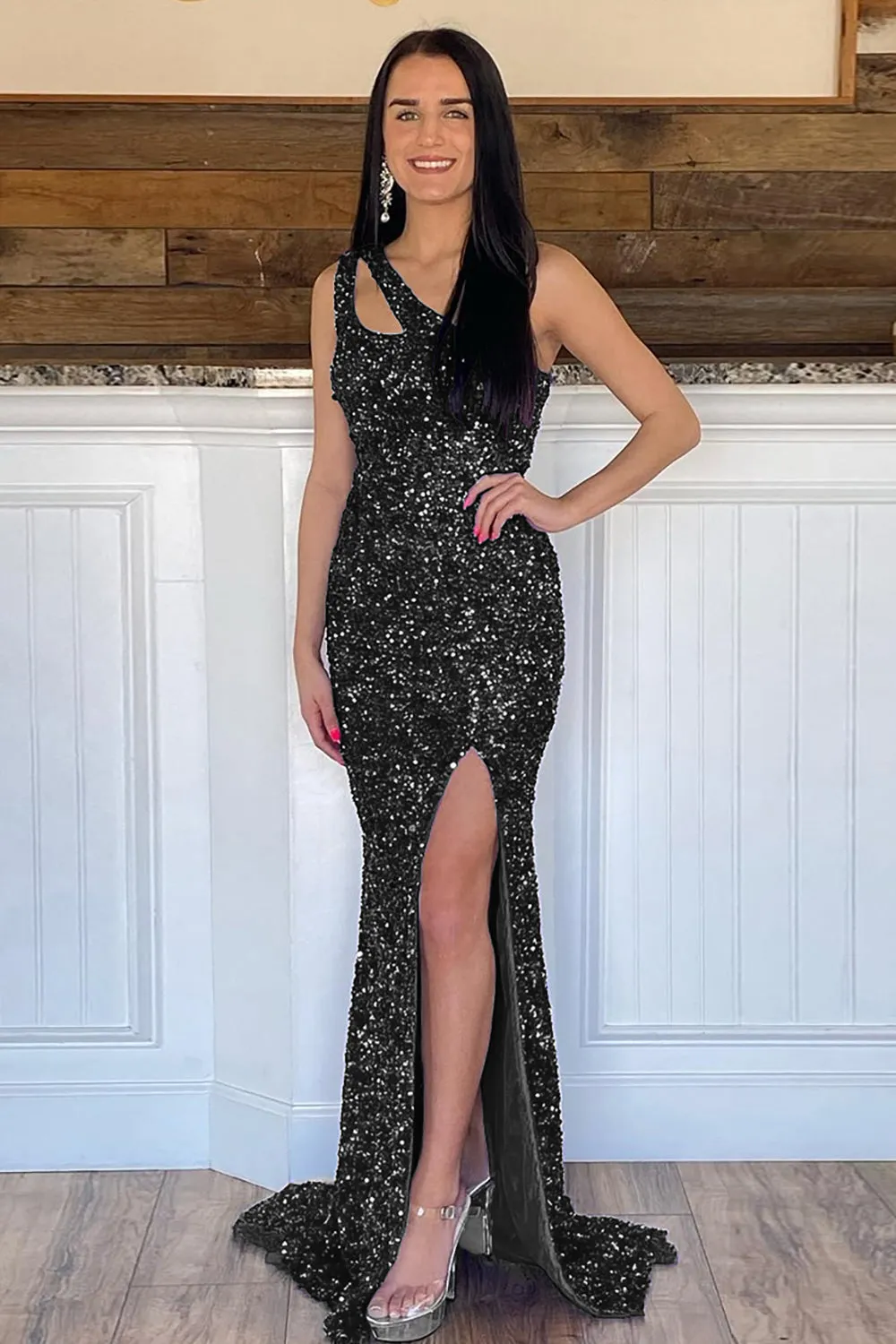 Mermaid One Shoulder Dark Purple Prom Dress Sequined Long Evening Dress