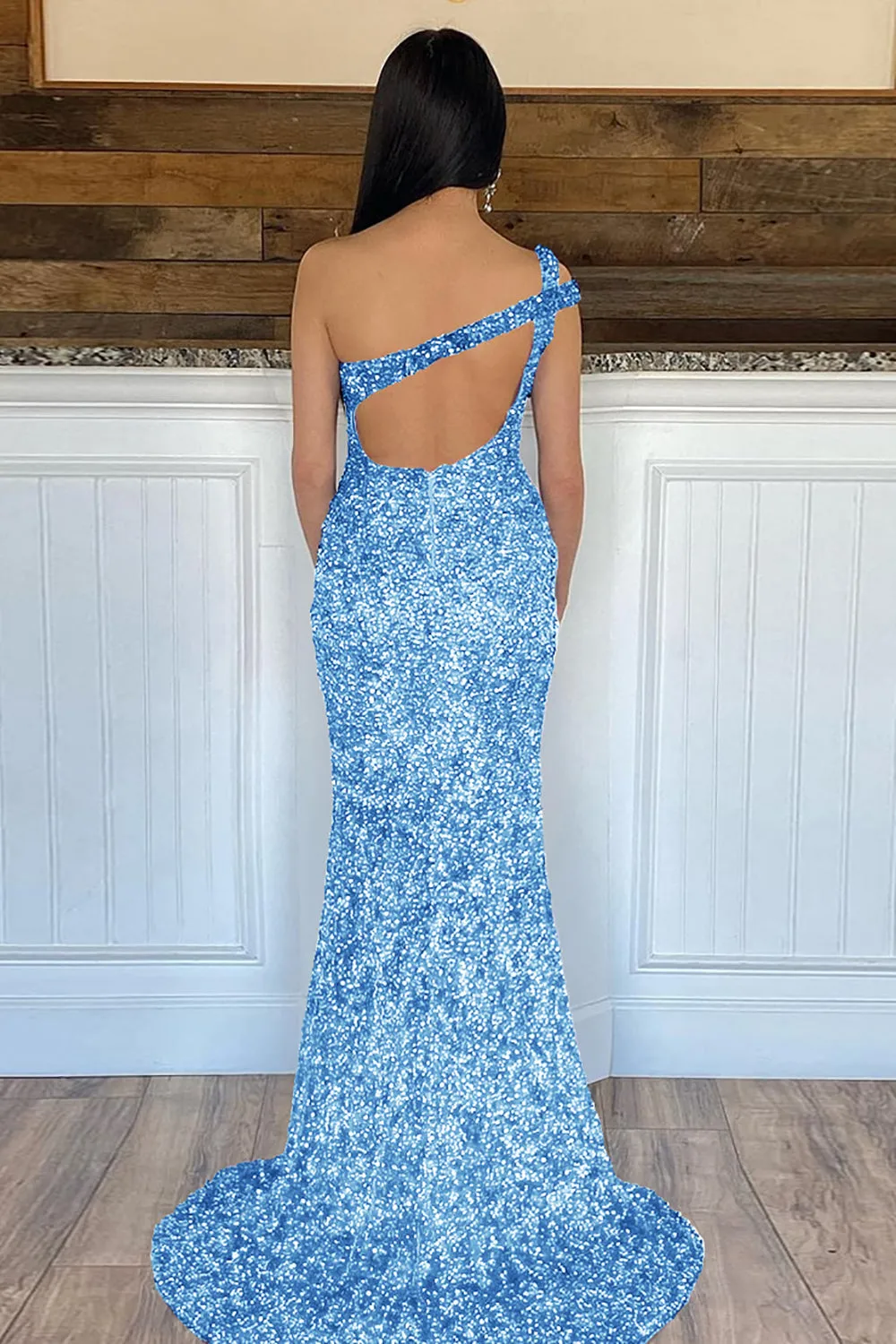 Mermaid One Shoulder Dark Purple Prom Dress Sequined Long Evening Dress