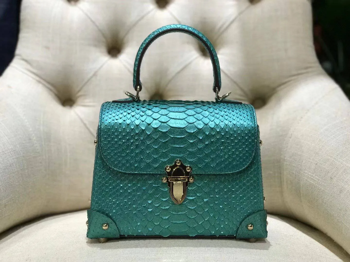 Mini Python Leather Rivet Top Handle Cross Body Bags Green