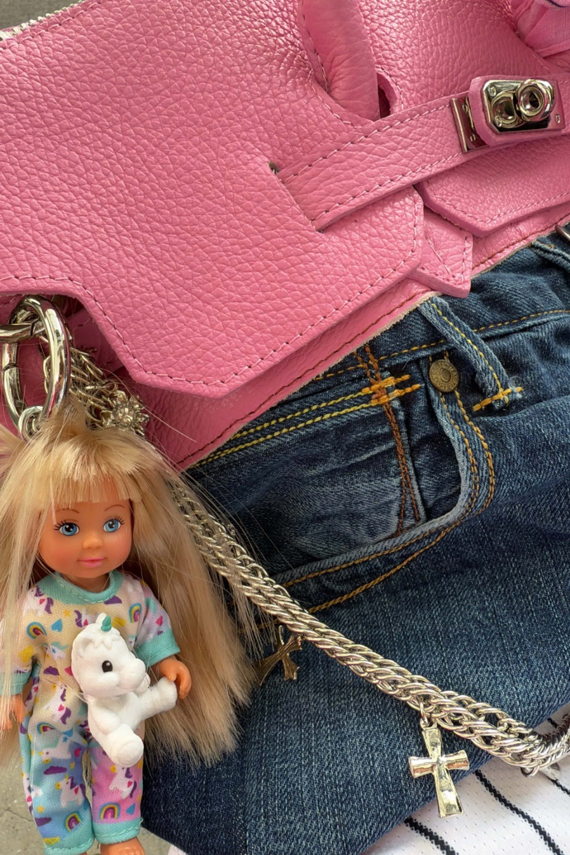 MIX LEATHER DENIM BAG