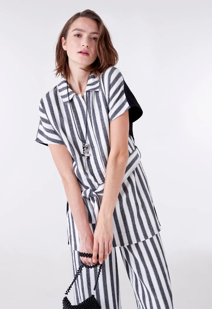 Mixed Fabric Collared Blouse
