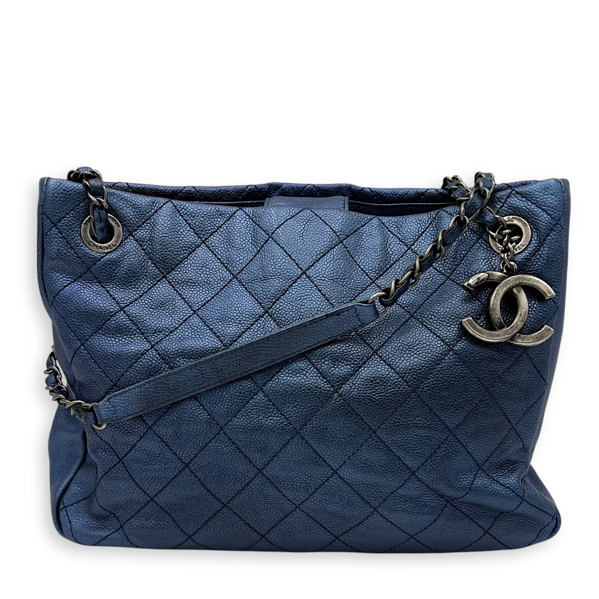 Others Tote Bag Blue in Caviar Leather, Ruthenium hardware