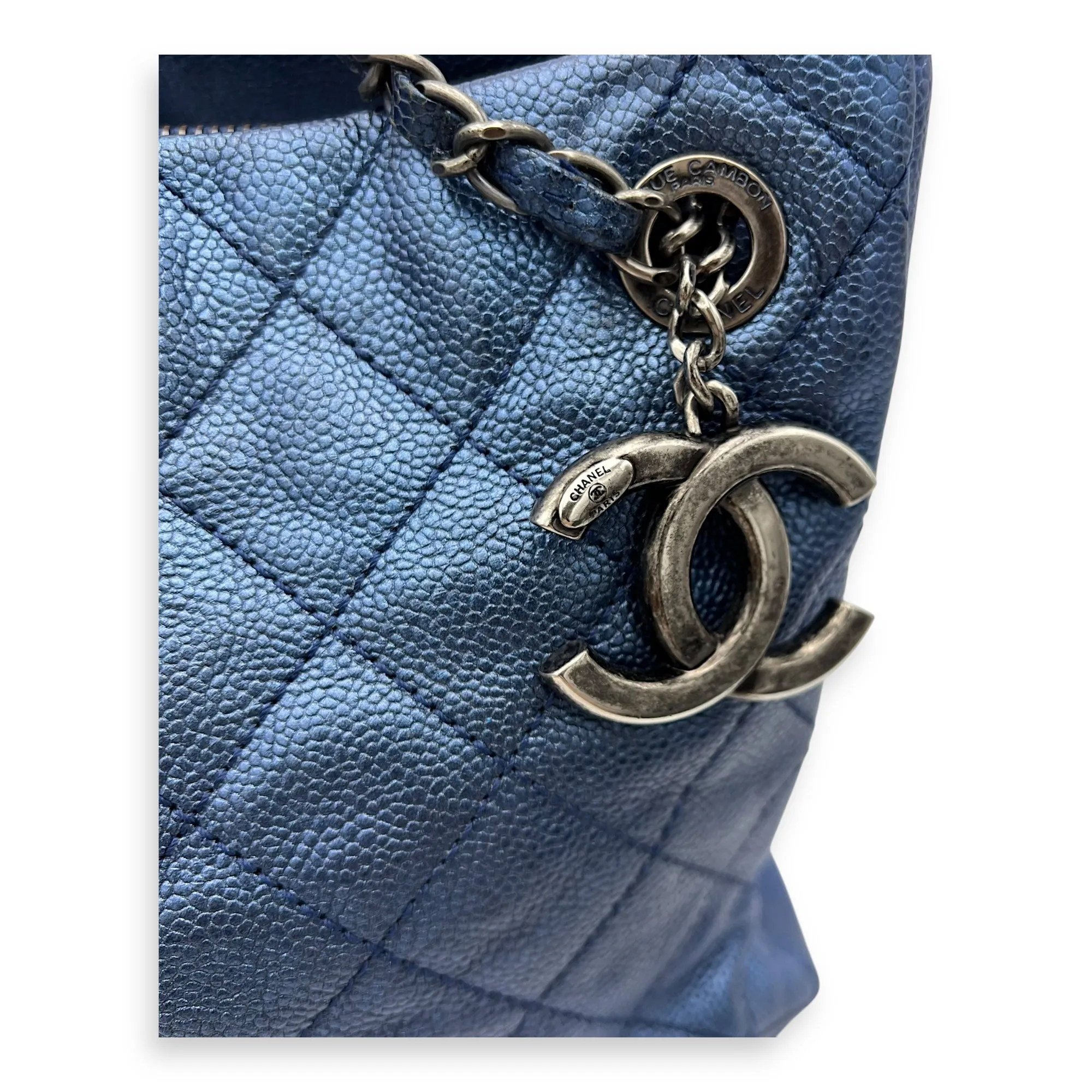 Others Tote Bag Blue in Caviar Leather, Ruthenium hardware