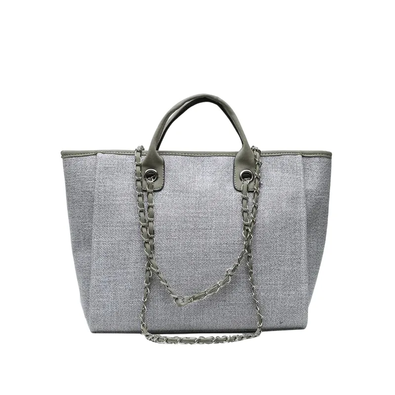 Personalized Small Linen Canvas Tote With Chian Handle - Grey