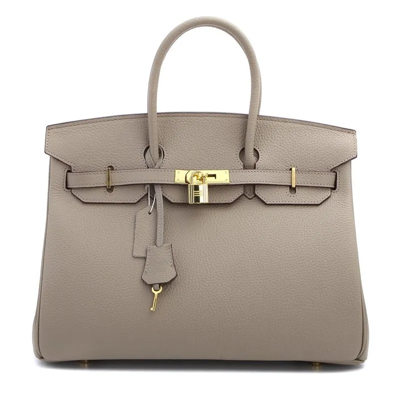 Phoebe Authentic Cowhide Leather Top Handle Bag with Padlock - Taupe Gold