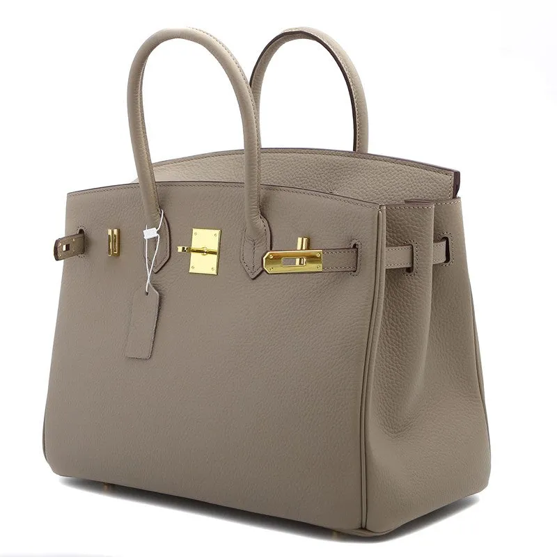 Phoebe Authentic Cowhide Leather Top Handle Bag with Padlock - Taupe Gold