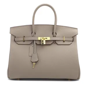 Phoebe Authentic Cowhide Leather Top Handle Bag with Padlock - Taupe Gold
