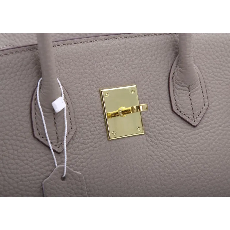 Phoebe Authentic Cowhide Leather Top Handle Bag with Padlock - Taupe Gold