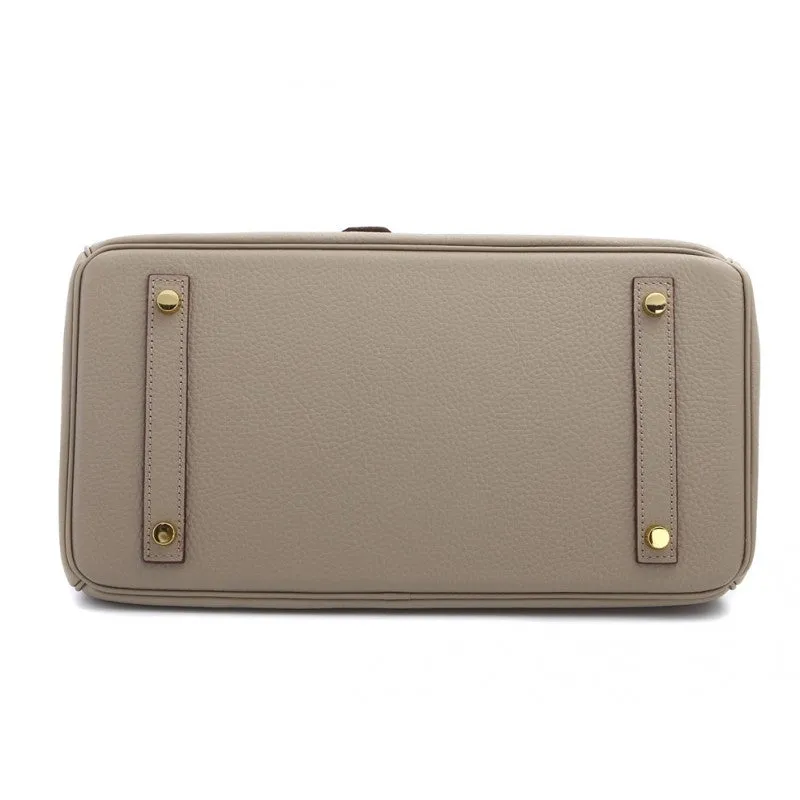 Phoebe Authentic Cowhide Leather Top Handle Bag with Padlock - Taupe Gold