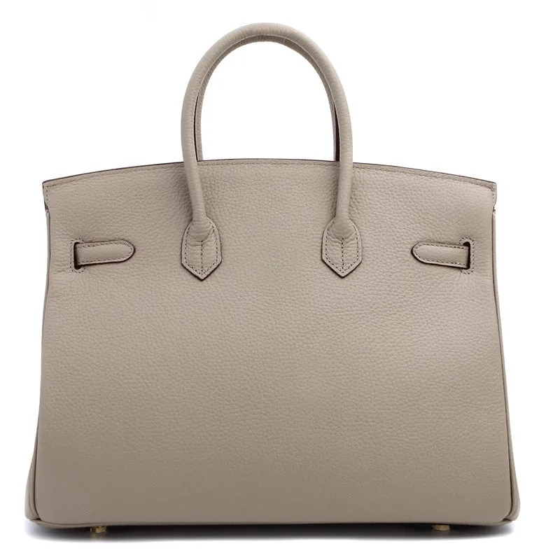 Phoebe Authentic Cowhide Leather Top Handle Bag with Padlock - Taupe Gold