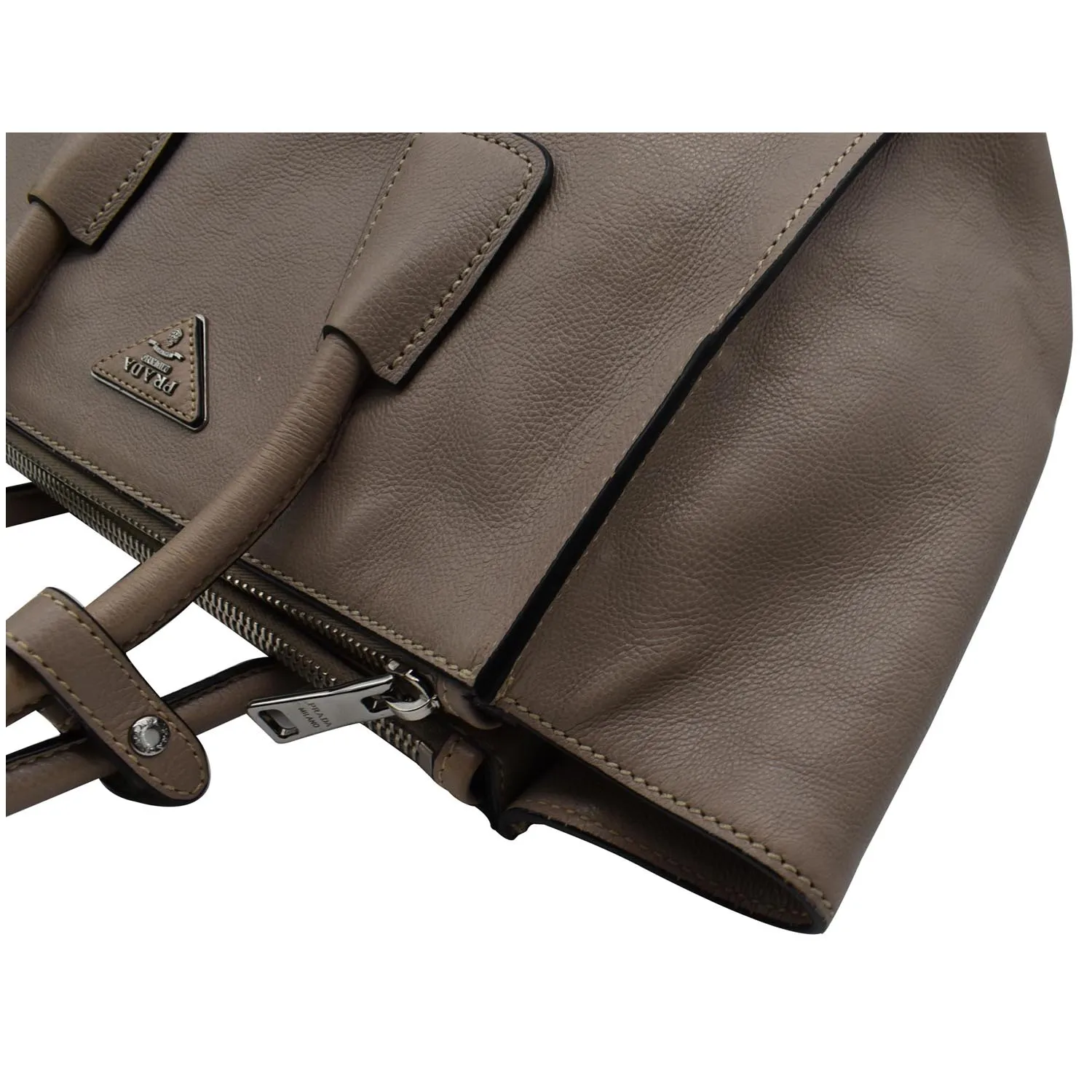 PRADA City Twin Pocket Calf Leather Tote Shoulder Bag Taupe