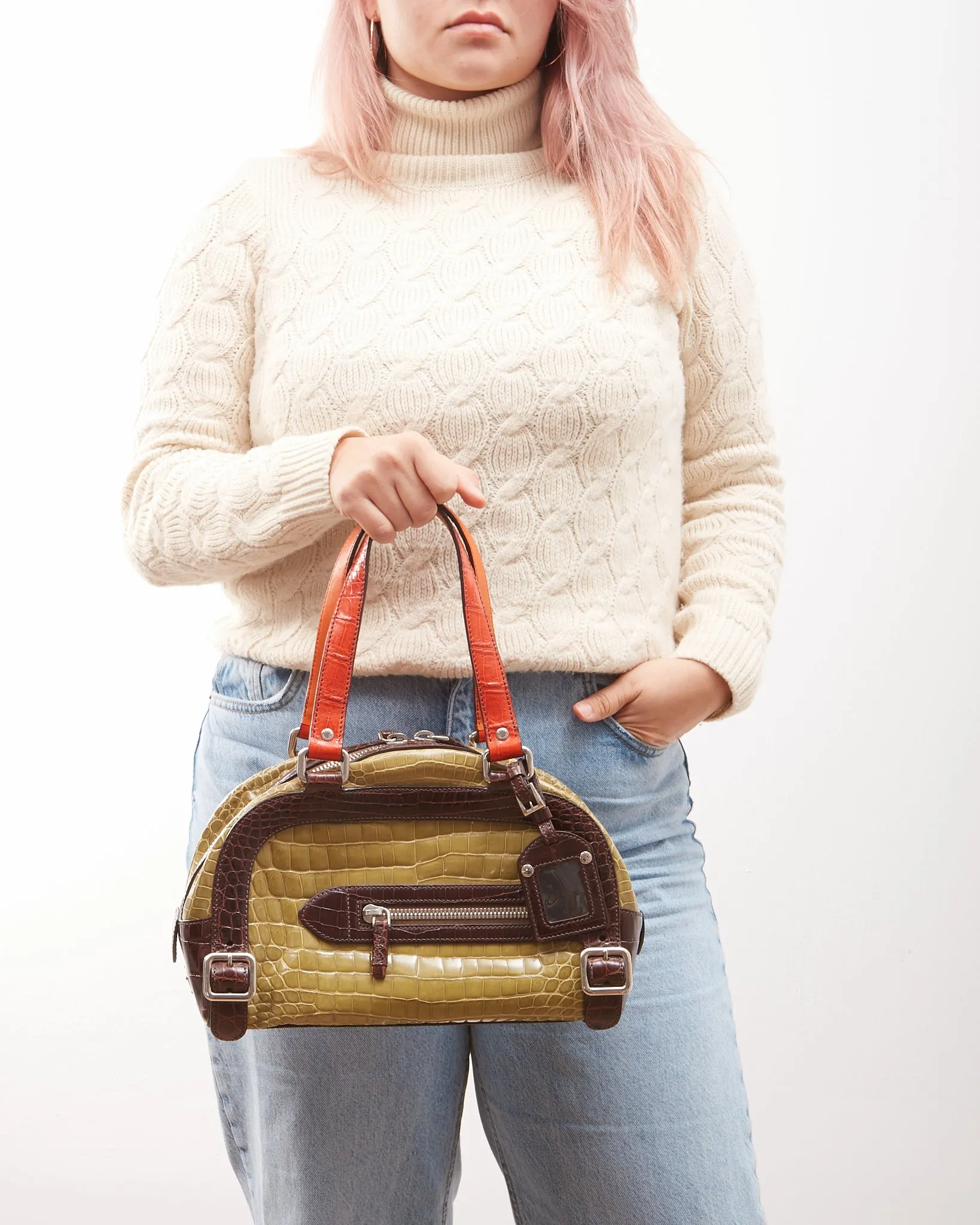 Prada Tri-Color Croc Embossed Bowling Bag