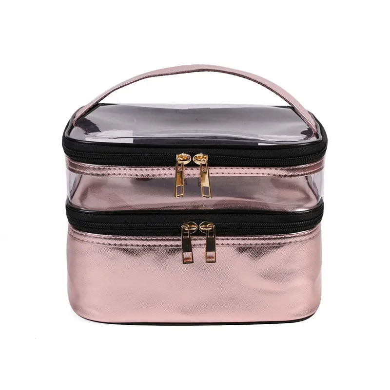 PVC Portable Transparent Double-Layer Cosmetic Bag