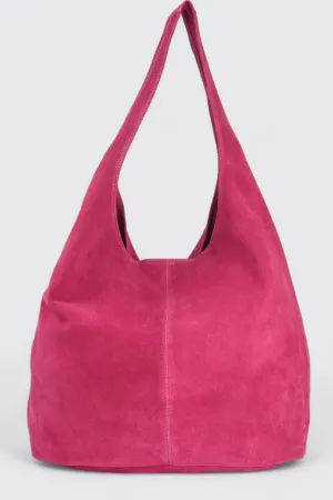 Raspberry Suede Leather Hobo Boho Shoulder Bag