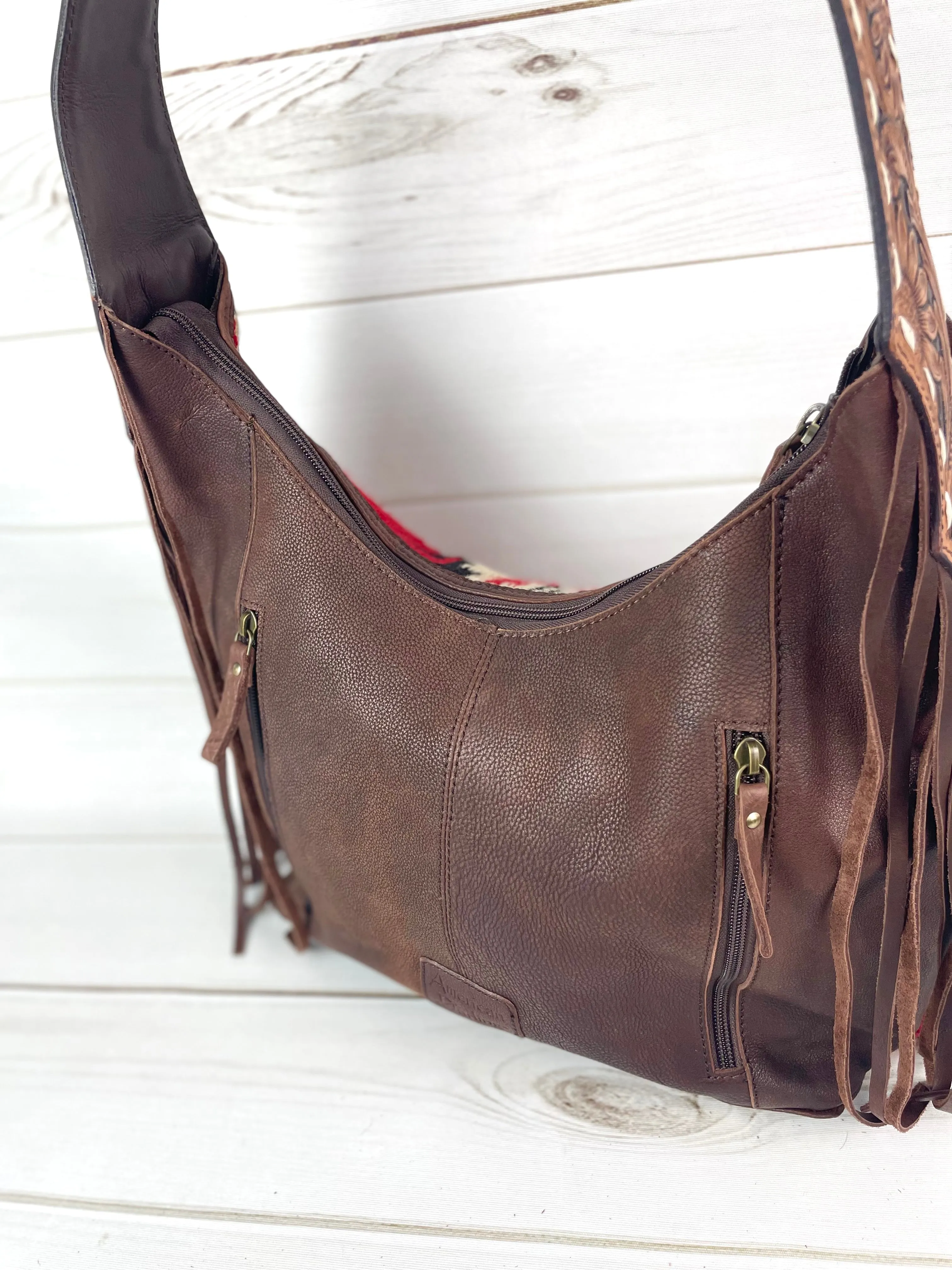 Red and Black Wool Pattern Hobo Leather Fringe Handbag