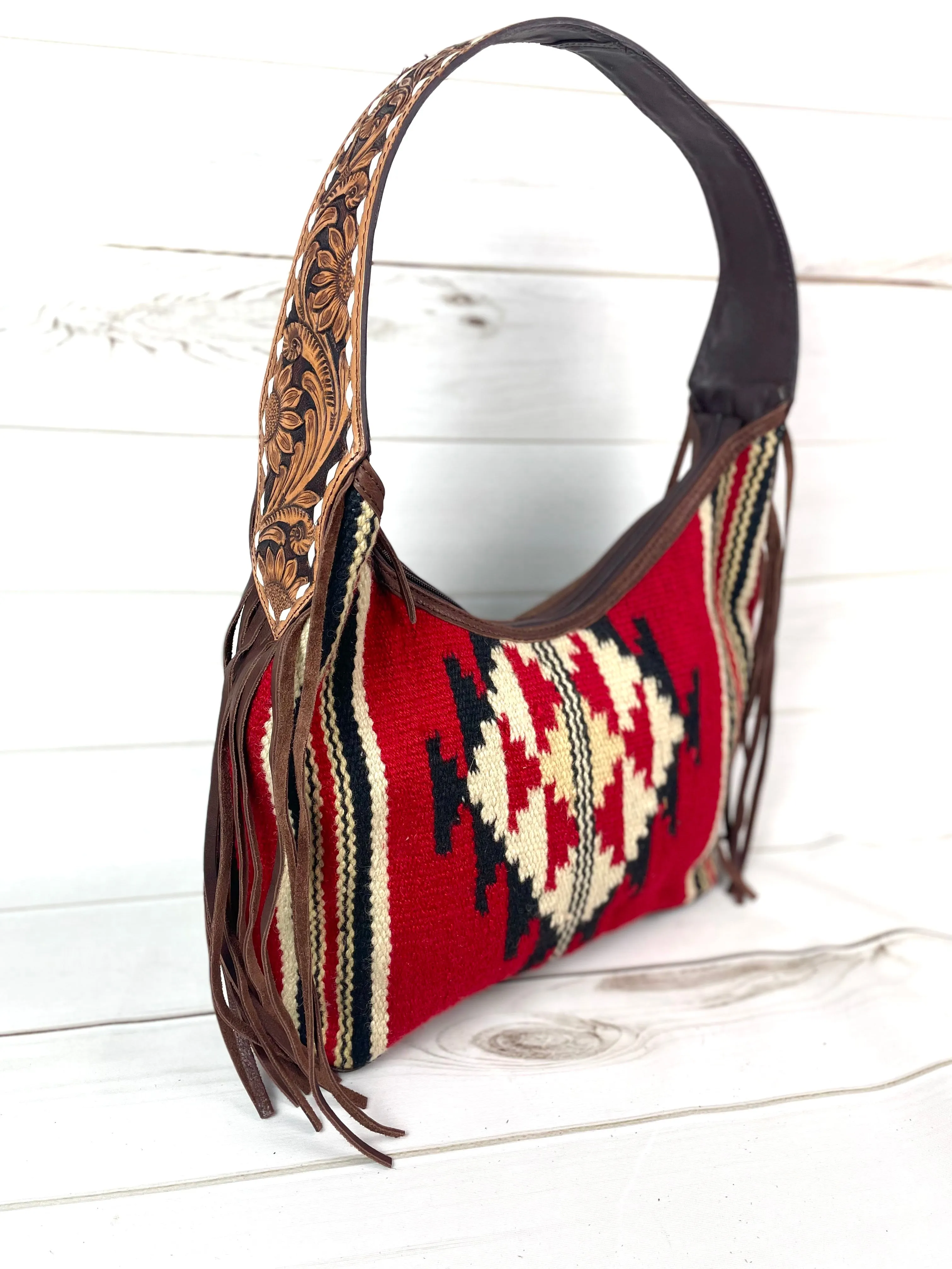 Red and Black Wool Pattern Hobo Leather Fringe Handbag