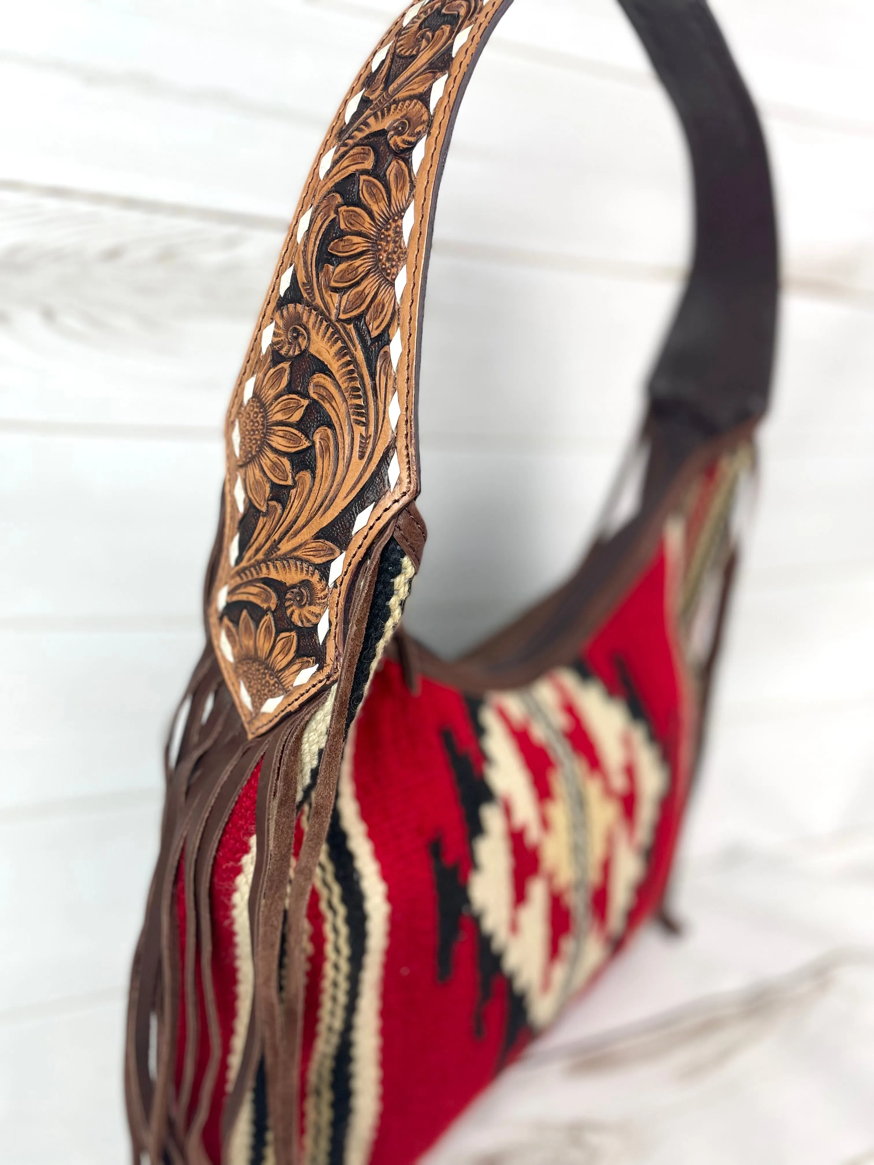 Red and Black Wool Pattern Hobo Leather Fringe Handbag