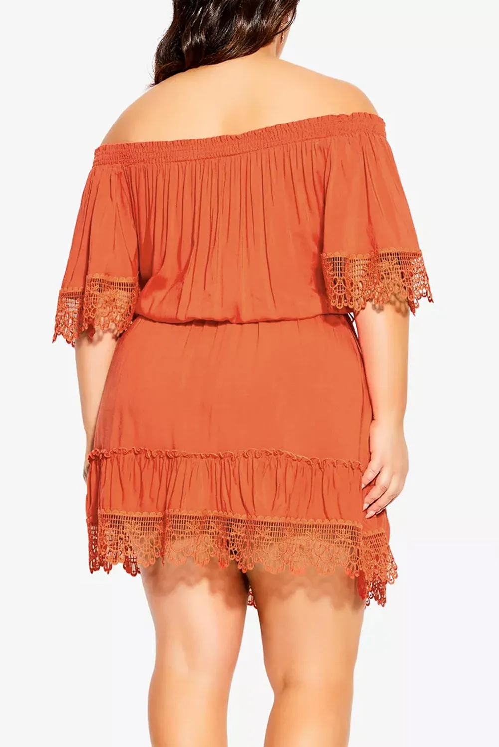 Red Plus Size Crochet Detail Belted Off Shoulder Dress