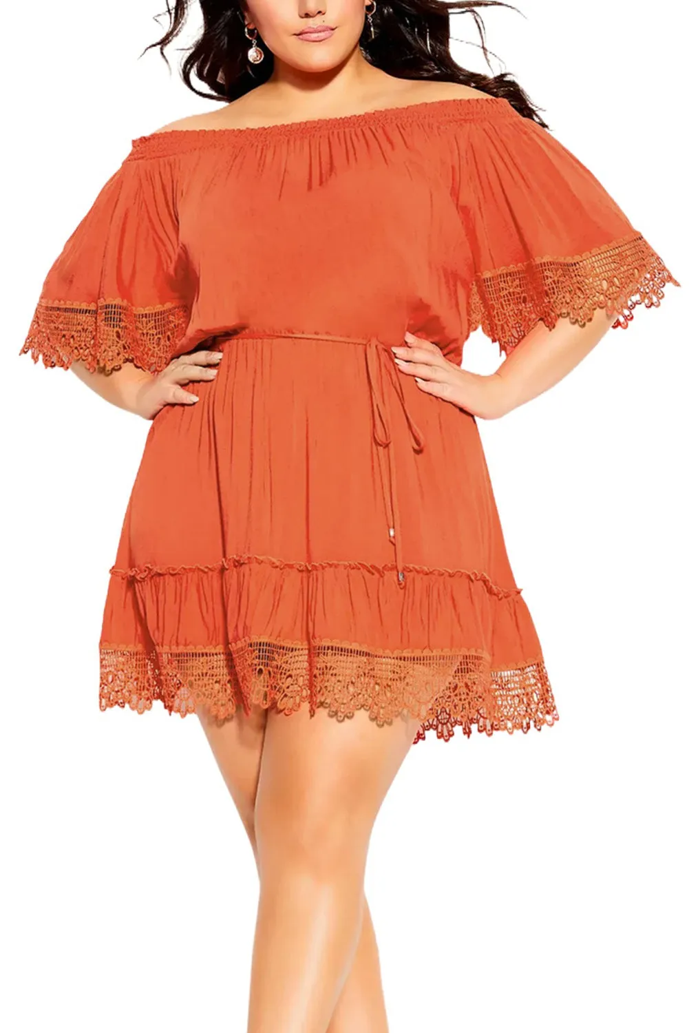 Red Plus Size Crochet Detail Belted Off Shoulder Dress