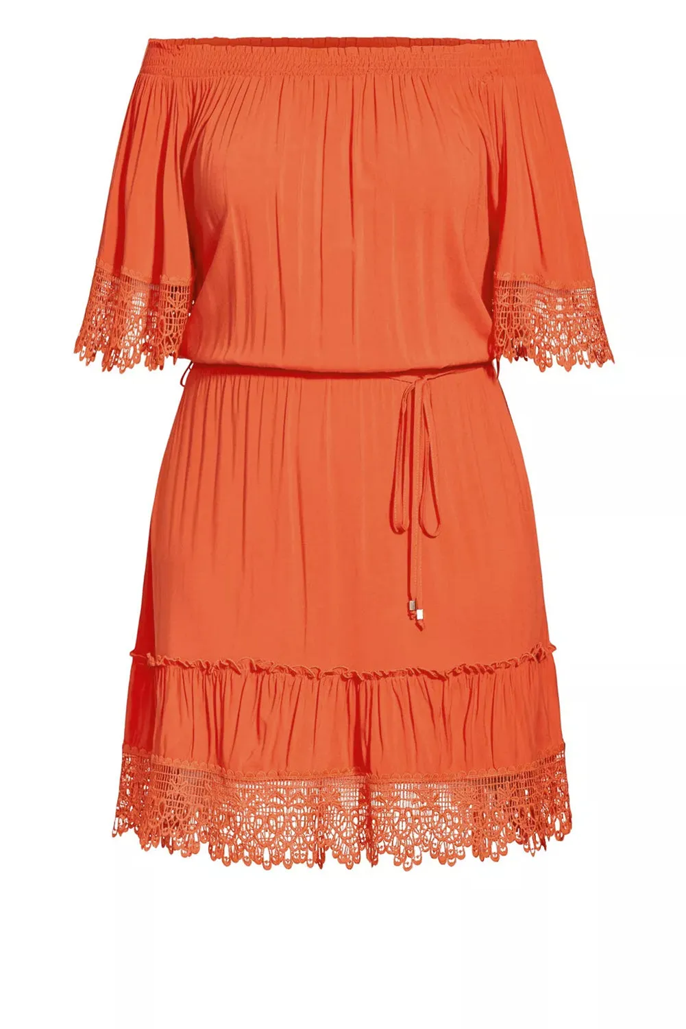 Red Plus Size Crochet Detail Belted Off Shoulder Dress