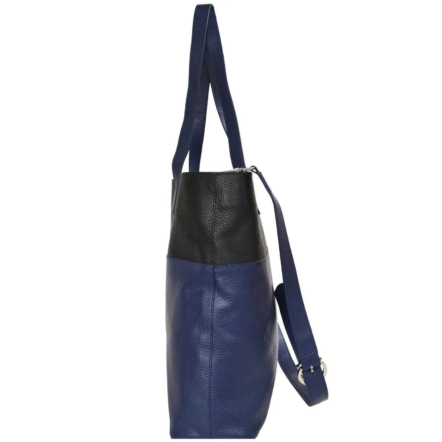 Royal Blue Two Tone Horizontal Soft Pebbled Leather Tote