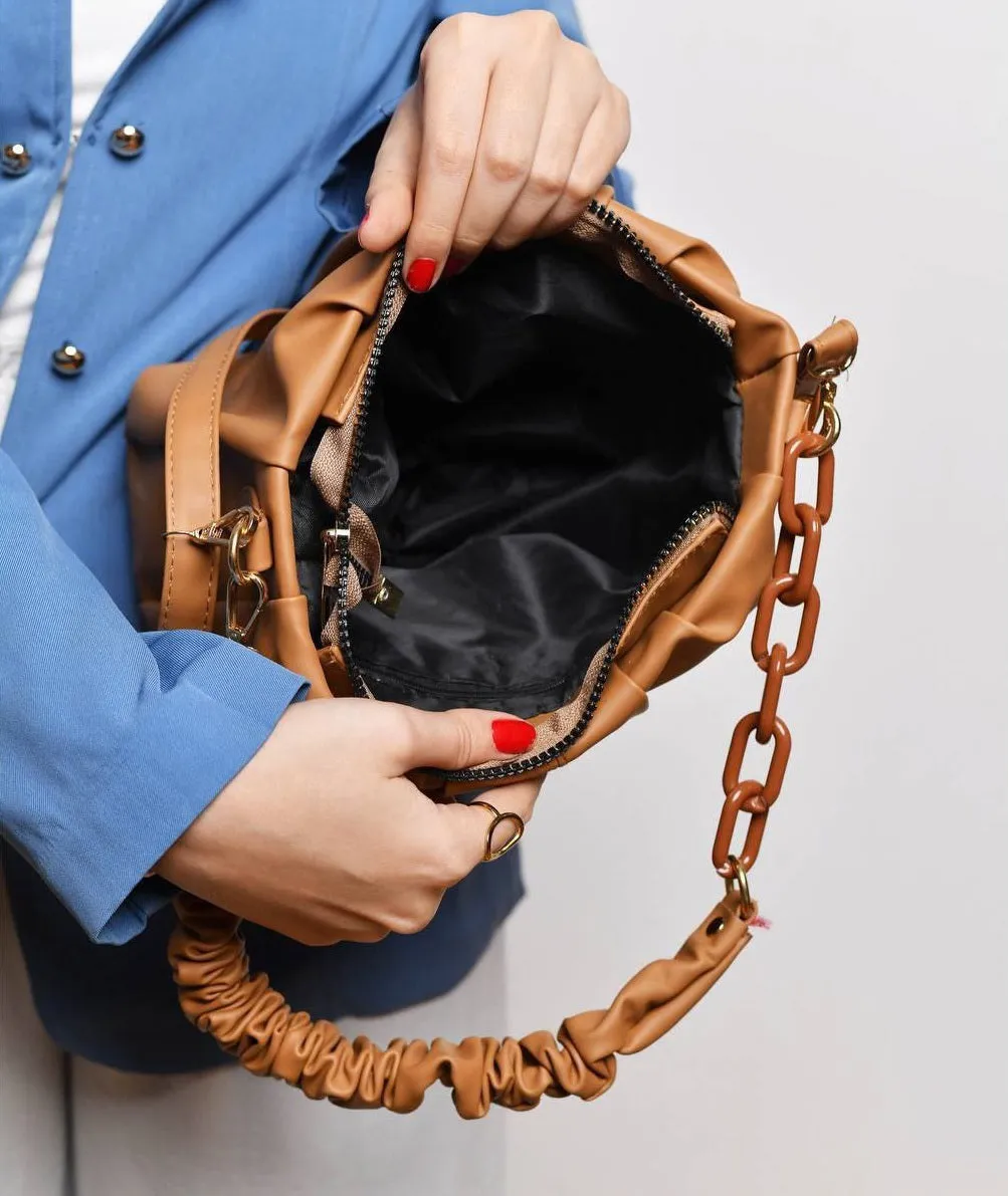 Ruched Caramel Shoulder Bag