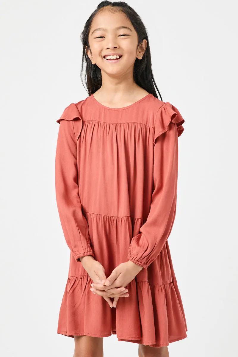Ruffled Shoulder Long Sleeve Dress