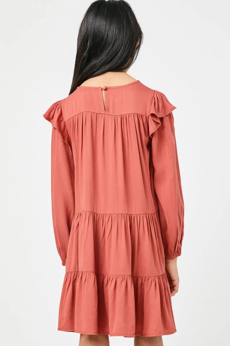 Ruffled Shoulder Long Sleeve Dress