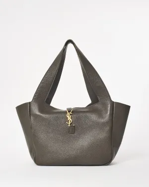 Saint Laurent Army Green Leather GHW Logo Medium Cabas Shoulder Bag