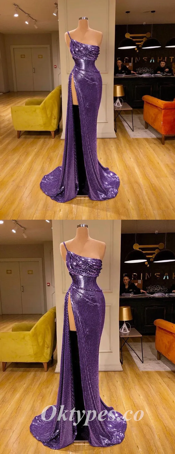 Sexy Purple Special Fabric One shoulder Side Slit Mermaid Long Prom Dresses,PDS0573