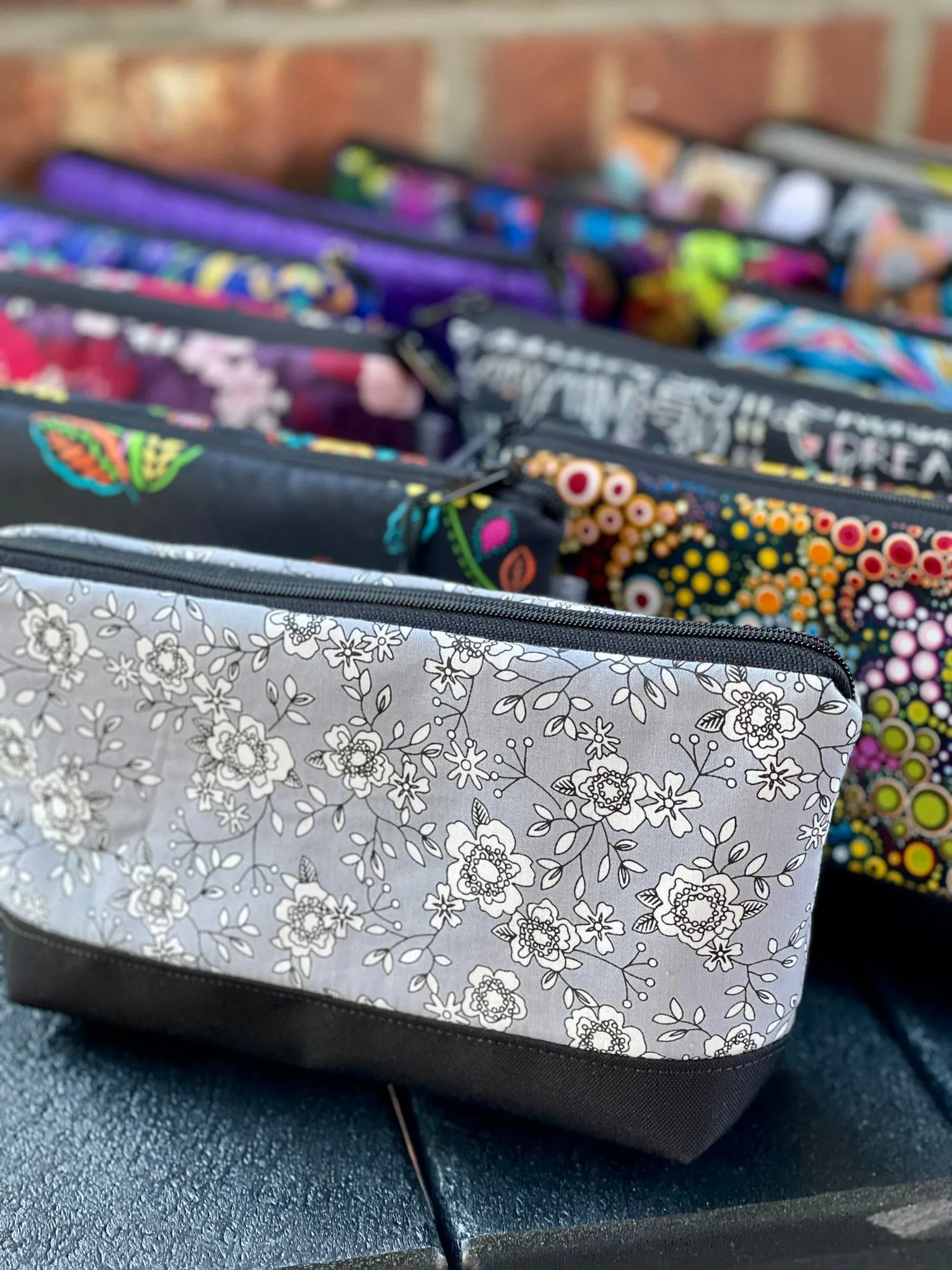 Side Kick Gusseted Zippered Pouch Gray Floral Fabric