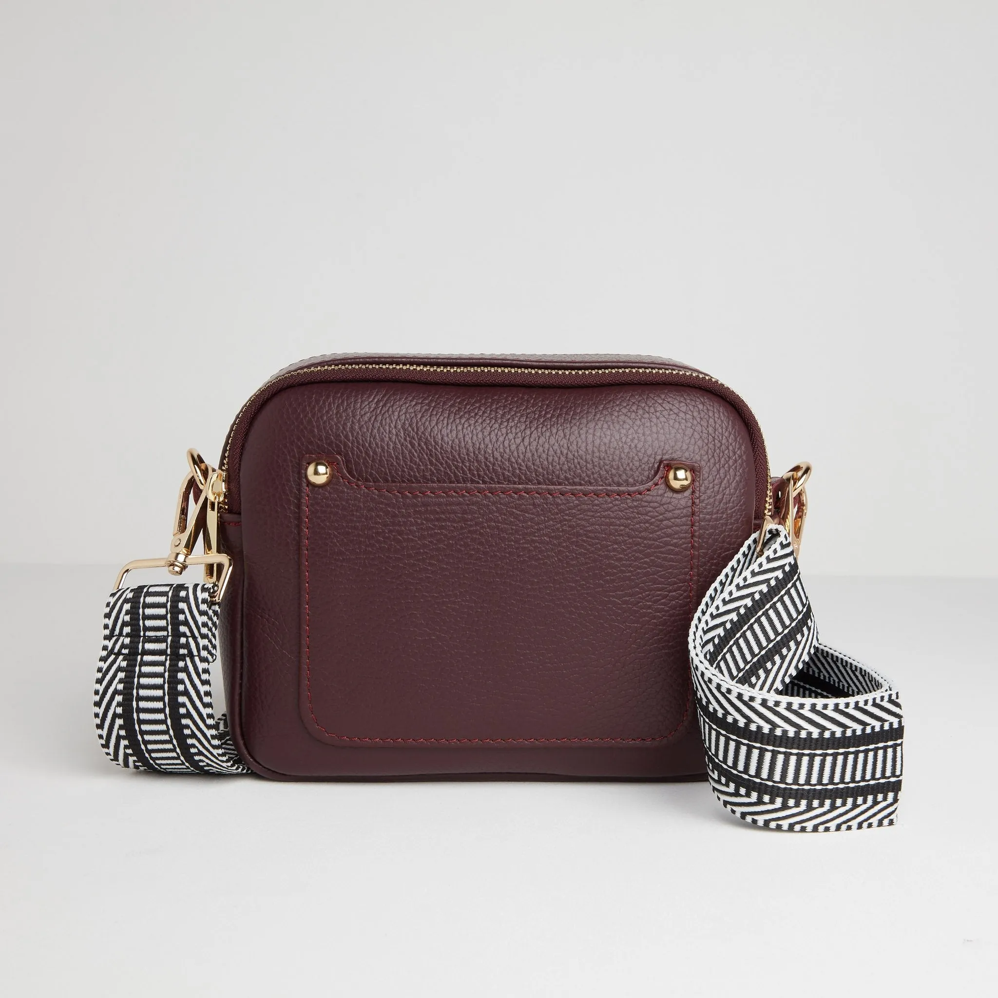 Sienna Crossbody Bag in Burgundy with Black and White Chevron Strap