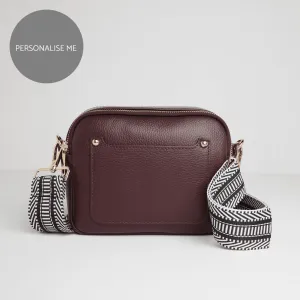 Sienna Crossbody Bag in Burgundy with Black and White Chevron Strap