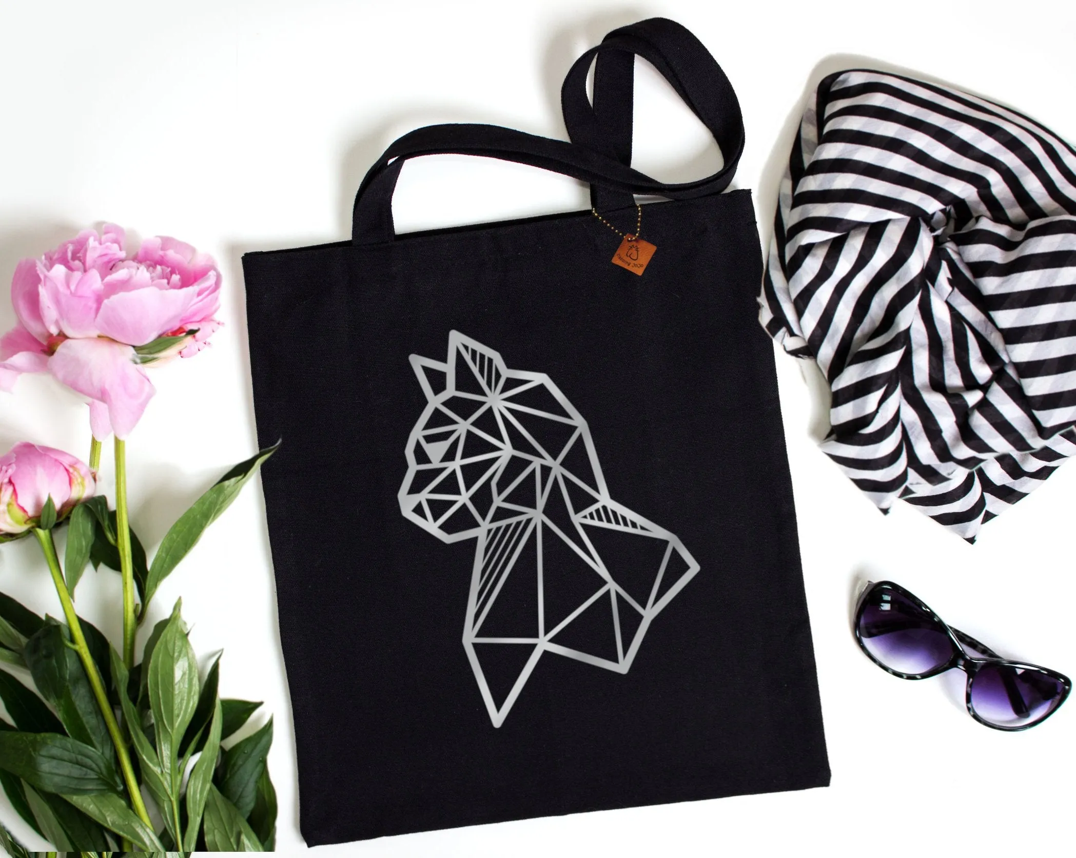 Silver Geometric Cat Tote Bag: heavyweight cotton canvas shopping bag