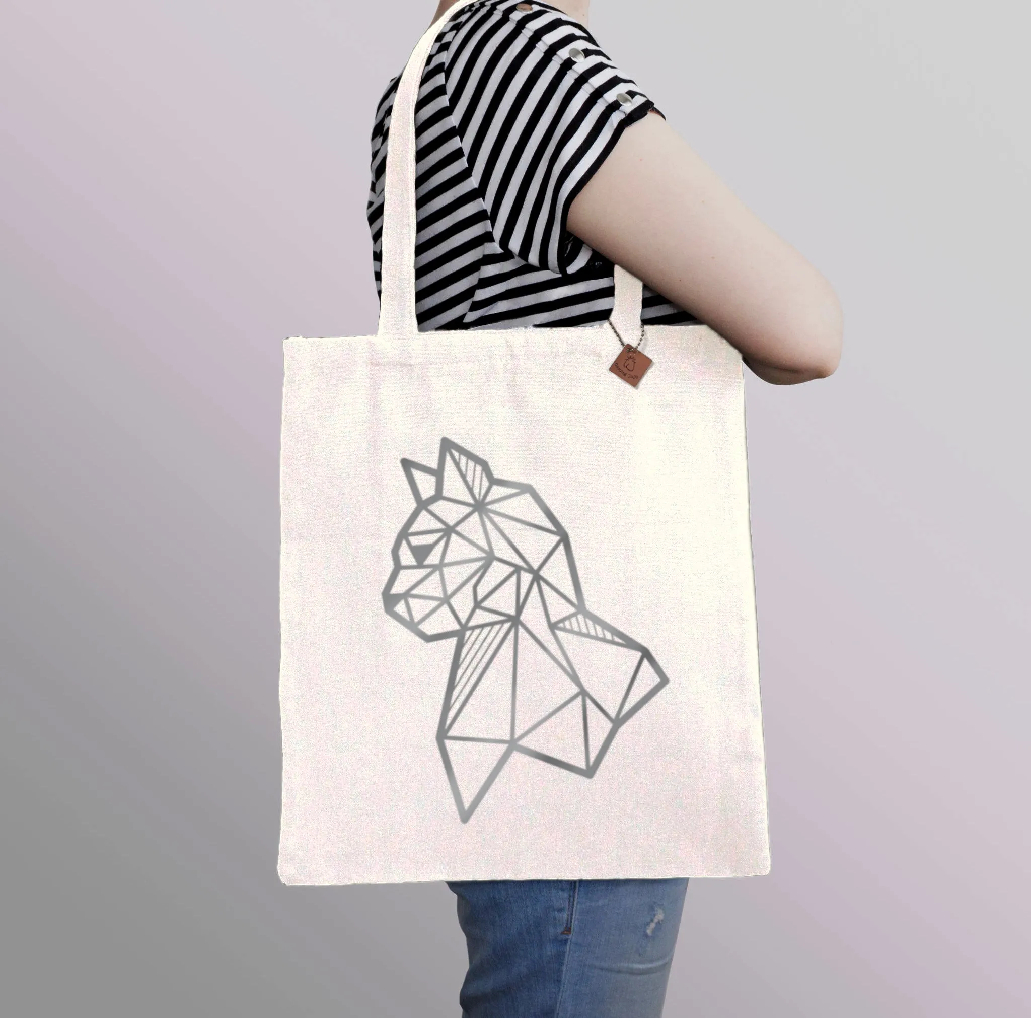 Silver Geometric Cat Tote Bag: heavyweight cotton canvas shopping bag